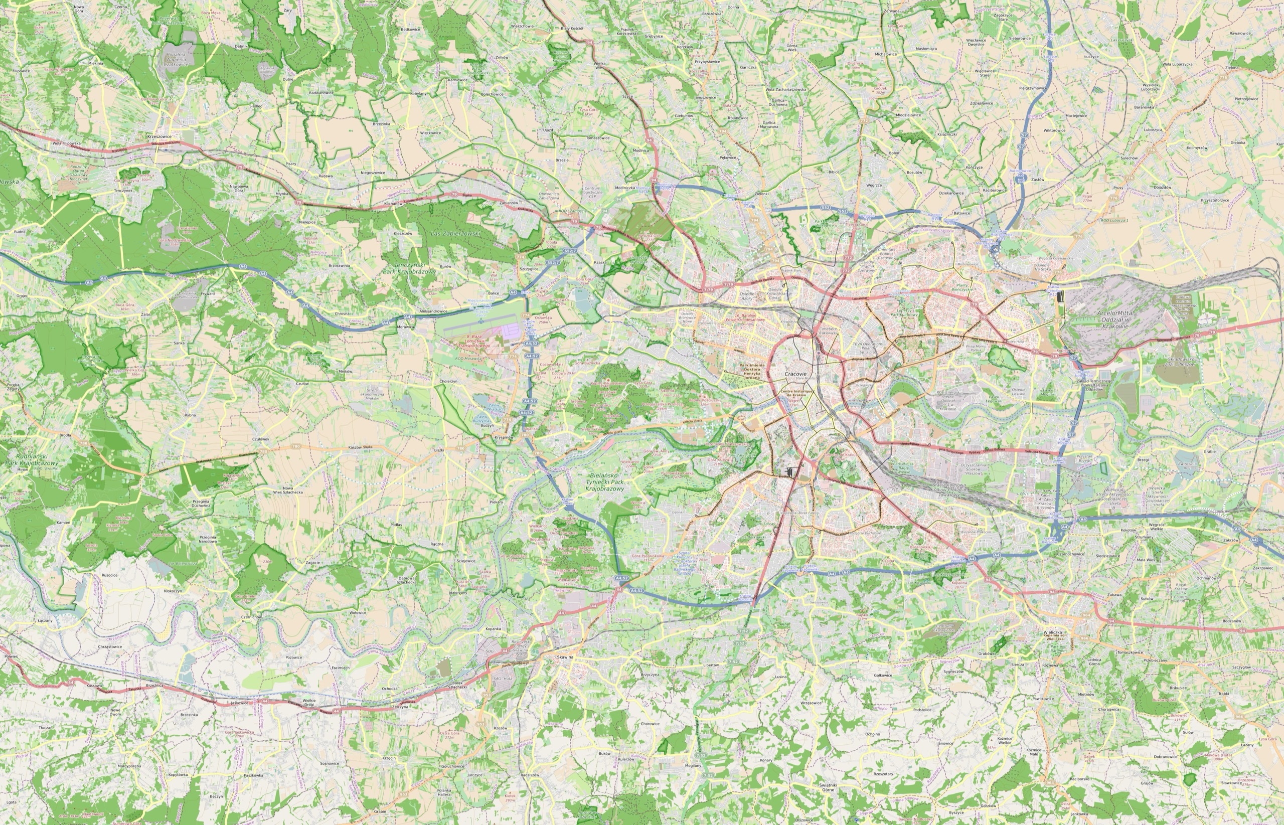 Mapa Krakowa i okolic z zaznaczonymi lokalizacjami ofert